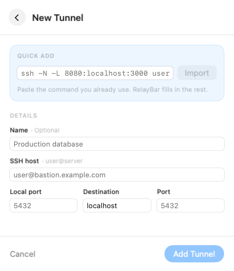 RelayBar new tunnel screen with SSH command import and connection fields