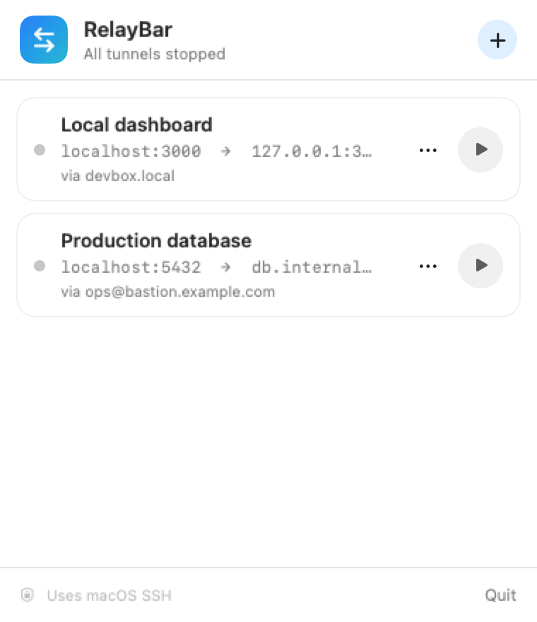 RelayBar showing two saved SSH tunnels with one-click start controls