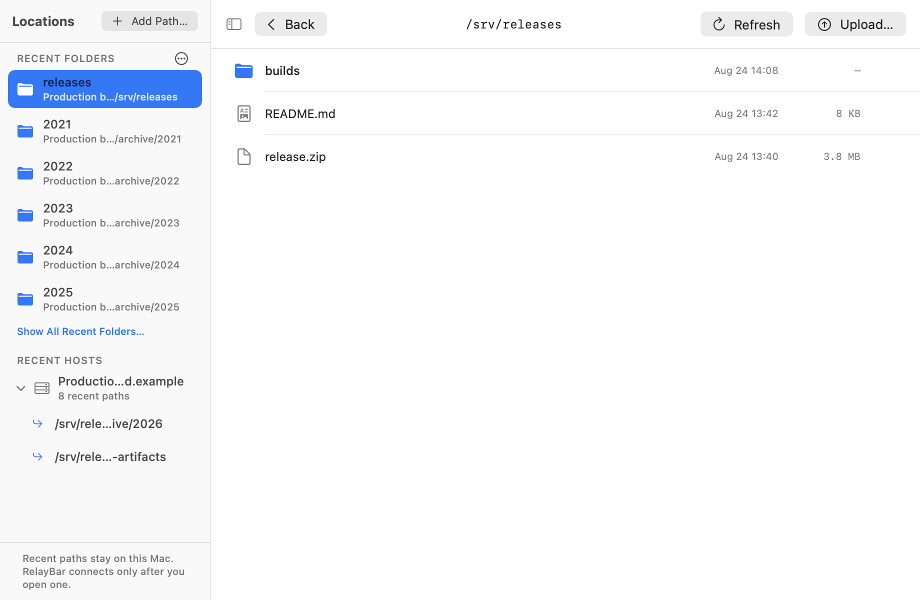 RelayBar 1.5 Remote Files workspace showing recent folders, recent hosts, folder contents, Add Path, and Upload
